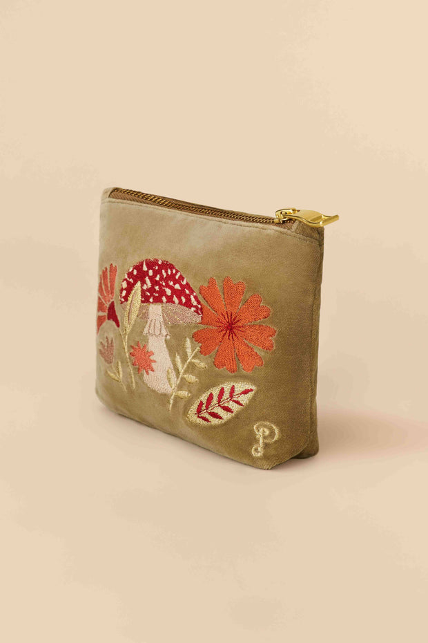 Powder Design inc - Velvet Embroidered Mini Pouch - Tranquil Toadstool, Sage