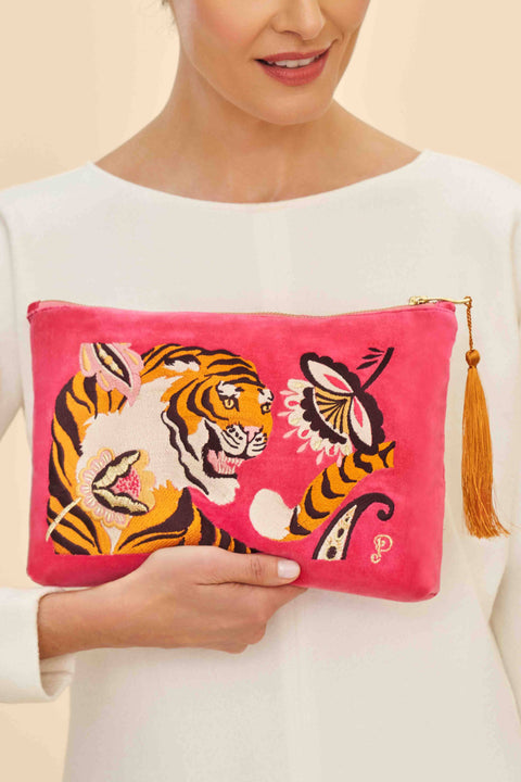 Powder Design inc - Velvet Embroidered Zip Pouch - Thrill of the Tiger