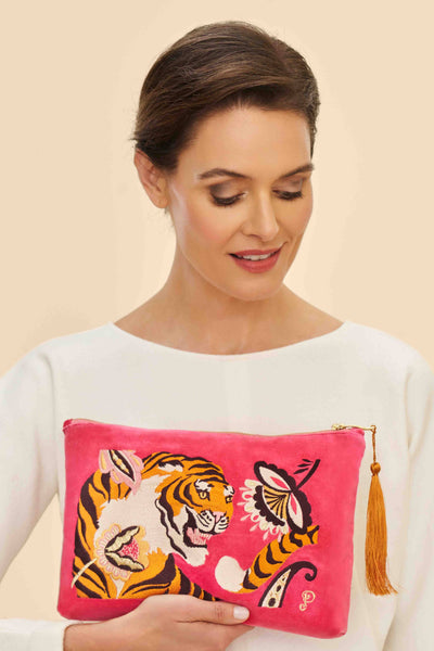 Powder Design inc - Velvet Embroidered Zip Pouch - Thrill of the Tiger