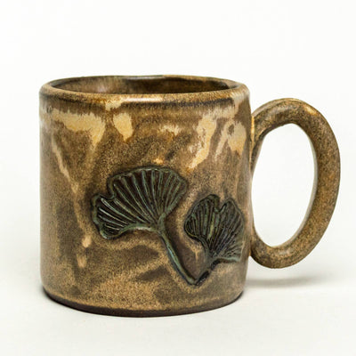 White Squirrel Clayworks - Ginkgo Leaf Pattern Handmade in Ohio Ceramic Beige 10 oz Mug