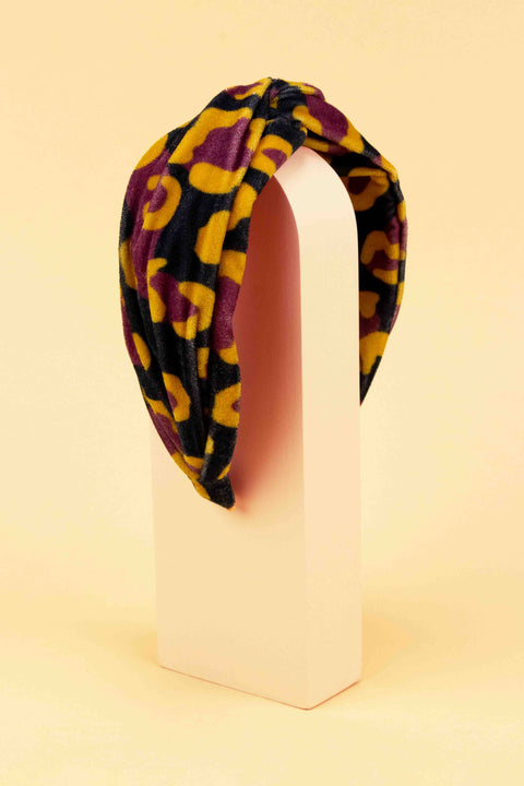Printed Velvet Headband Leopard Damson/Mustard