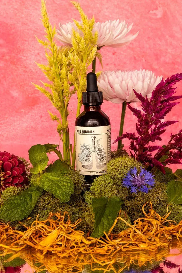 Lung Meridian herbal tincture among garden flowers and herbs