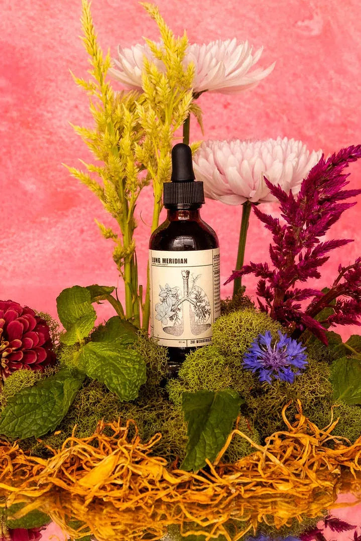 Lung Meridian herbal tincture among garden flowers and herbs